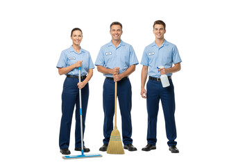 Professional Cleaning Team with Equipment on White Background