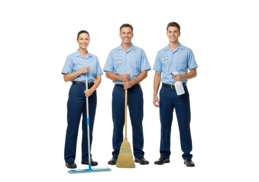 Professional Cleaning Team with Equipment on White Background