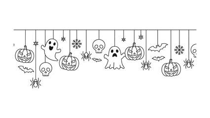 Obraz premium Halloween Decor: A charming illustration of hanging Halloween decorations, with carved pumpkins, spooky ghosts, spiders, skulls, and bats, embodying the playful spirit of the holiday. 