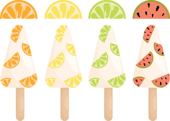 Ice cream. A set of citrus fruits: lime, watermelon, orange, and lemon, sliced ​​into round shapes. Vector illustration on a white background.