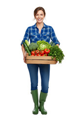 Smiling young woman farmer holding a crate of fresh organic vegetables, isolated on white.