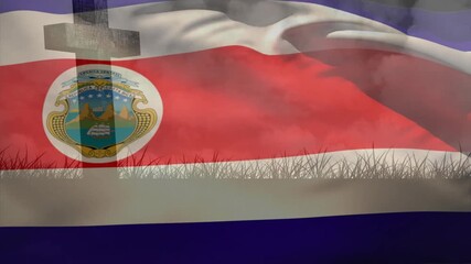 Sudden gust catching Costa Rica flag, rippling tricolor waves against cross, grass, drifting clouds - Powered by Adobe