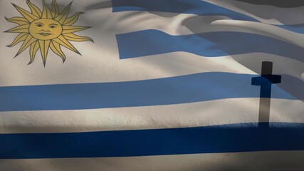 Light breeze picking up then intensifying, Uruguayan flag fabric undulating, sun emblem bobbing - Powered by Adobe
