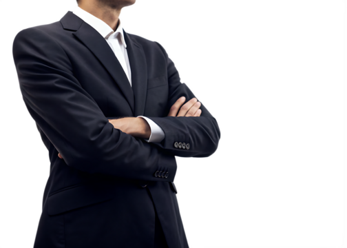 Man in dark suit with arms crossed isolated on a transparent background business
