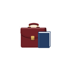 Classic brown leather briefcase and navy blue book symbolizing professional knowledge, legal expertise, and business education.