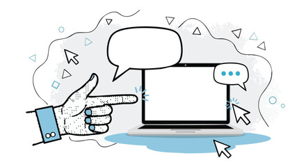 Hand pointing at a laptop screen with speech bubbles and mouse cursors, representing online communication and digital interaction.