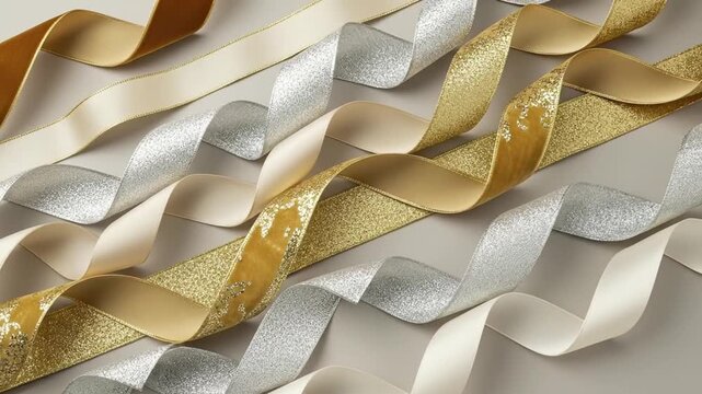 An arrangement of flowing gold silver and cream ribbons with glitter satin and velvet textures on a plain background - Powered by Adobe
