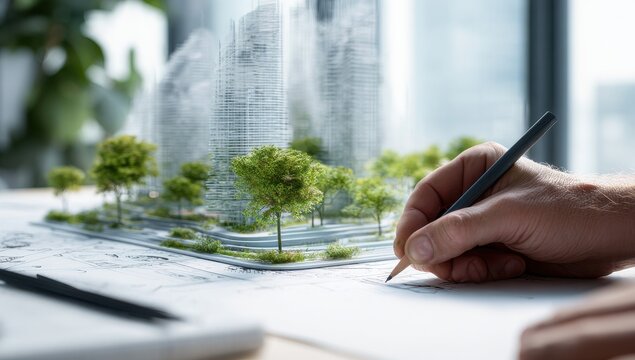 A close-up of an architect's hand drawing on paper, with green skyscrapers and trees visible in the background