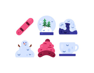 A collection or set of winter-themed asset elements. Illustrations of a snowboard, snow globe, snowman, mug, beanie, snowy rocks. Flat design. Clip art, stickers, white background.