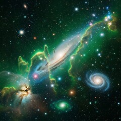 A breathtaking celestial display showcases swirling galaxies and vibrant nebulae in deep space.