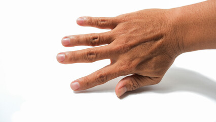 Hand with Four Fingers and Bent Thumb on White Background