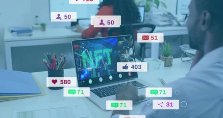 mid-adult man starting laptop meeting, overlaying NFT chart with floating icons tracking engagement - Powered by Adobe