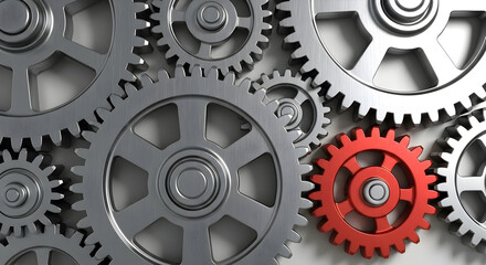 Close‑up of interlocking metal gears with one red gear highlighting teamwork, process optimization and mechanical innovation