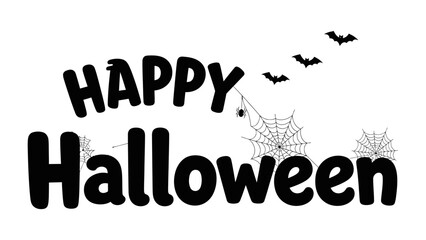 Halloween Greetings: A captivating illustration of the phrase Happy Halloween set against an enchanting backdrop of thematic elements, including bats, spiders, and spiderwebs.