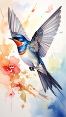 Blue Bird in Flight Watercolor Painting with Peach Blossoms