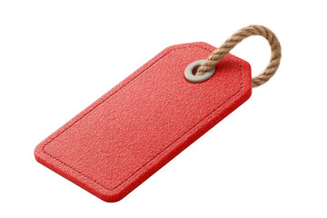 Fototapeta premium Blank red textile price tag with rope loop on black background, cut out