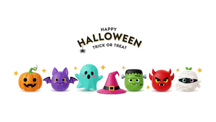 Spooky Halloween Character: Cute Halloween characters, including a pumpkin, a bat, a ghost, a witch's hat, and other Halloween-themed elements with a happy Halloween banner. 