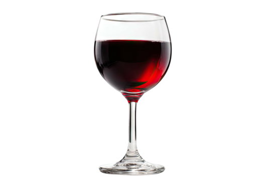 A clear glass goblet filled with rich red wine beverage.