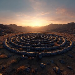 Serene Stone Labyrinth at Sunset in Arid Landscape with Soft Clouds and Distant Mountains Creating a Tranquil Atmosphere