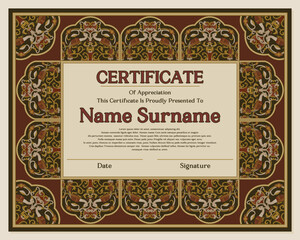 Vintage Medieval Asian Certificate Template with Floral and Bird Batik Pattern Background