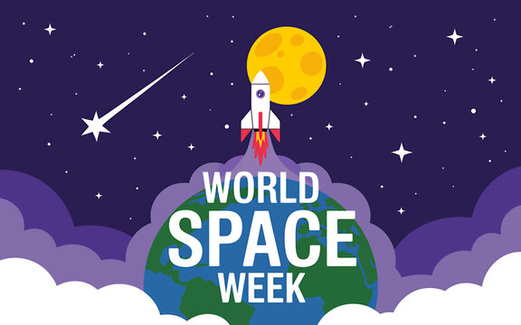 Celebrating World Space Week with Rocket Launching from Earth to the Moon among Stars and Clouds