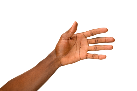 An open human hand with fingers fully extended, palm facing forward, isolated on a transparent background, symbolizing stop, openness, or greeting.