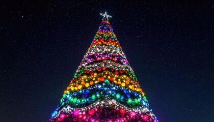 A brilliantly lit, multicolored Christmas tree against a starry night sky