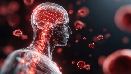 A colorful background with a close-up of the human body, showing an illustration of transparent cells and cellular fragments in red color floating around it