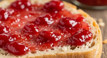 Close-up view of a slice of bread topped with a generous amount of glistening red strawberry jam.