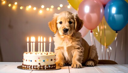 Adorable puppy with birthday cake and balloons