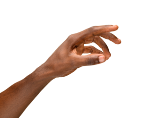 A human hand making a pinch gesture, with the thumb and index finger forming a circle and other fingers slightly curved, isolated on a transparent background.