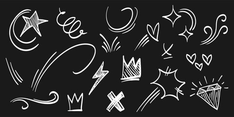 Hand drawn set of doodle emphasis design elements. hearts, Crown, wind, star, scribble. used for infographic concept design