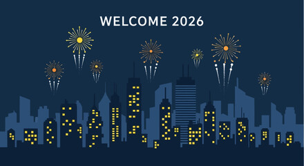 Modern Flat Cityscape Silhouette with Fireworks Celebration for Upcoming Year 2026