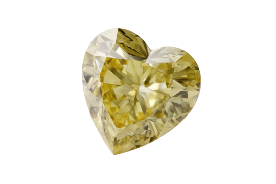 Heart-shaped yellow diamond gemstone with intricate facets, cut out