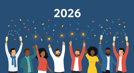 Diverse Group Celebrating New Year 2026 with Sparklers and Champagne Glasses