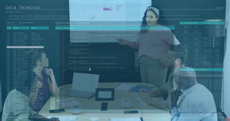 Presenter clicking remote pointing at bar chart in tech briefing while clear code overlay scrolling - Powered by Adobe