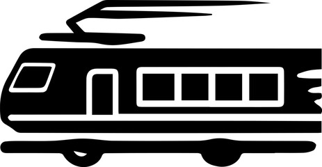 Black and white train with a white stripe. The train is moving and has a lot of windows
