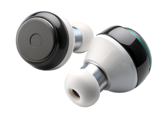 Pair of wireless earbuds with and white accents isolated on a transparent background