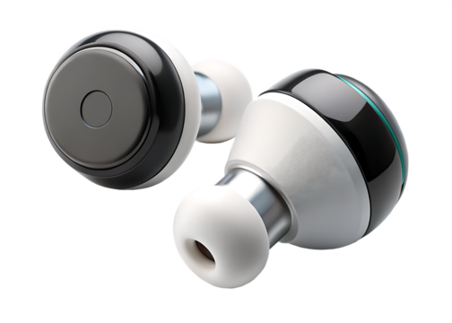 Pair of wireless earbuds with and white accents isolated on a transparent background