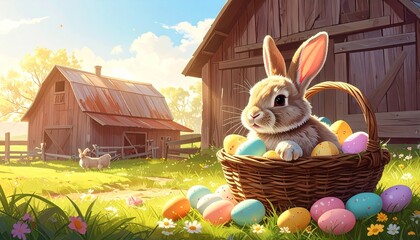 Easter Bunny in Basket with Colorful Eggs at Sunrise Farm