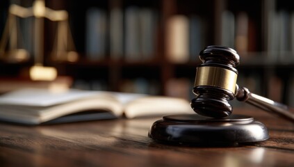 A gavel and documents on the table, with blurred bookshelves in background