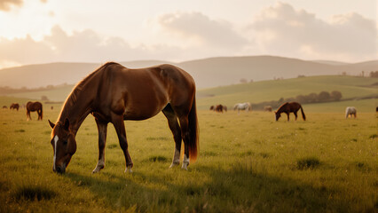 Obraz premium A serene scene with a grazing horse. The soft light of the sunset and other horses in the background create a peaceful mood.