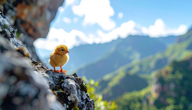 Fluffy Yellow Chickling on Mountain Rock