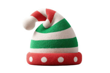 Festive red and green striped santa hat with pom-pom and white trim, cut out