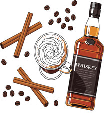 Vector Flat Lay of Irish Coffee with Whiskey and Beans