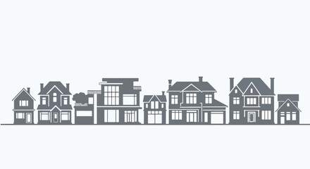 Obraz premium A simple silhouette of a row of small town or suburban houses and buildings against a textured, light gray background.