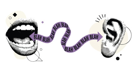 Illustration of a mouth speaking 'blah blah blah' towards an ear, symbolizing communication or lack thereof.