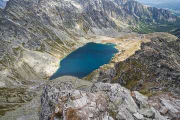 Velke Hincovo pleso lake from Koprovsky stit mountain peak in High Tatras mountains in Slovakia