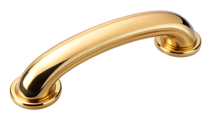 Polished golden curved handle with rounded ends isolated on a transparent background