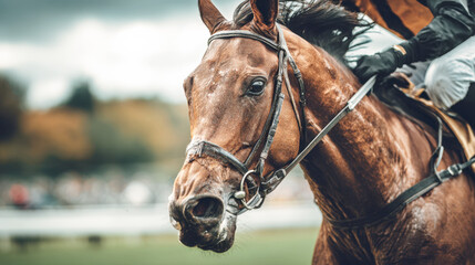 Obraz premium Racehorse and Jockey in Mid-Race, Intensity and Speed. A dynamic, action-packed close-up of brown thoroughbred racehorse, its jockey during an intense race, highlighting the raw power, speed of animal
